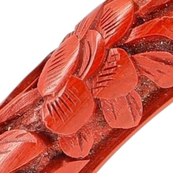Hand Carved Red Cinnabar Lacquer Bangle Bracelet Floral & Scroll Chinese Export - Picture 3 of 11